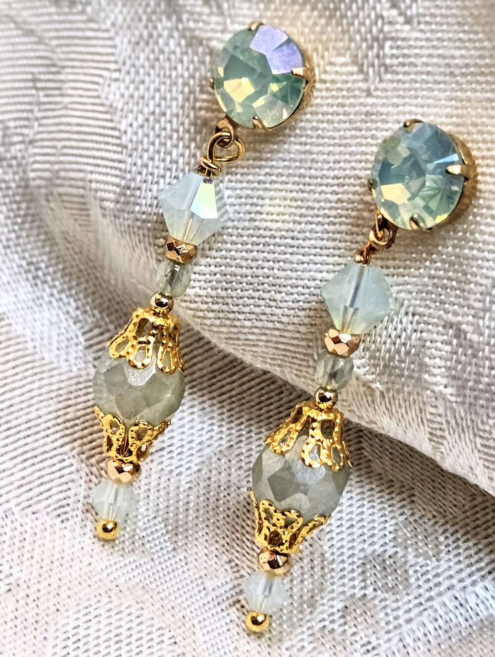 Victorian Delicate & Dainty Eucalyptus Green Opal Swarovski & Glass GP Earrings